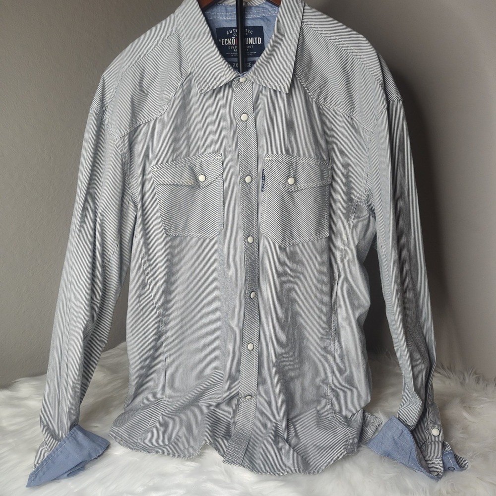 Ecko Unltd Button Down Men 2XL Blue White Pinstripe Western Snap Long Sleeve